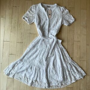Nanette Lepore Women’s Elegant Button Up Tie Lace Dress Optic White Size 8 NWT